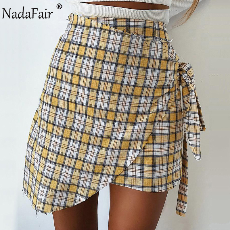 Nadafair Asymmetrical High Waist Tied Up Plaid Skirt Women Summer