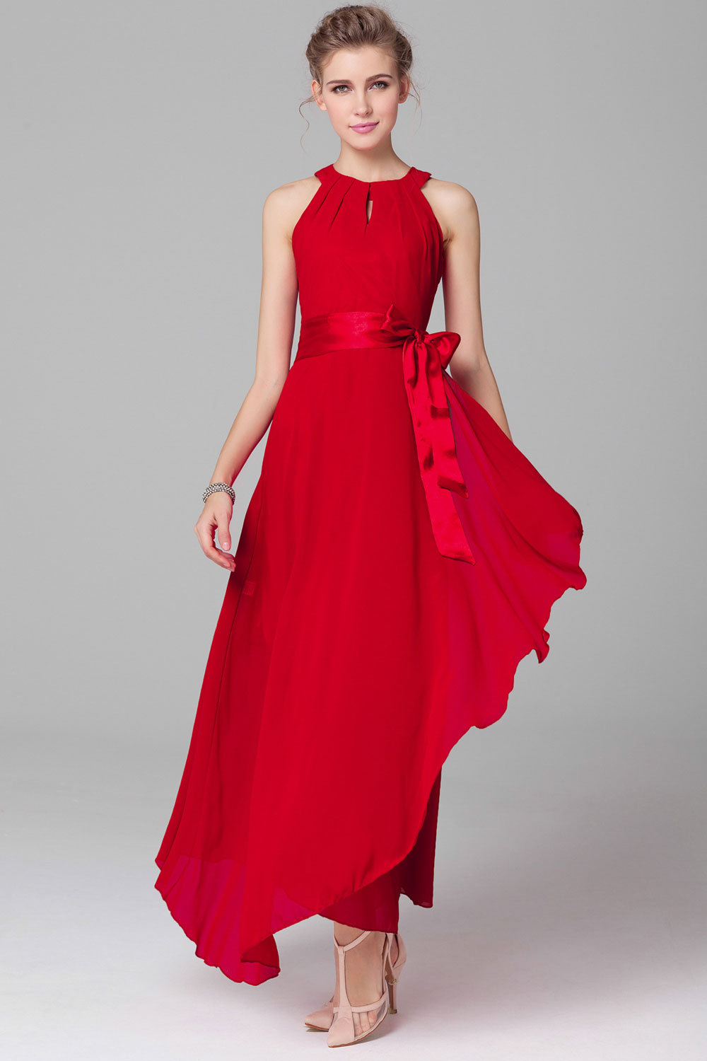 Unomatch Womens Chiffon Sleeveless Prom Dress Red - Women's Clothing