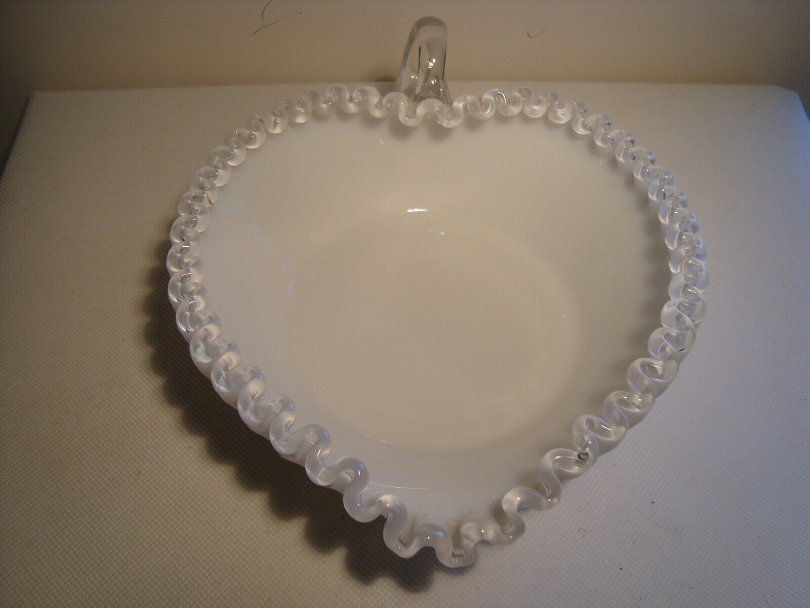 Primary image for Fenton, white milk glass heart shape candy dish in the silver crest pattern.