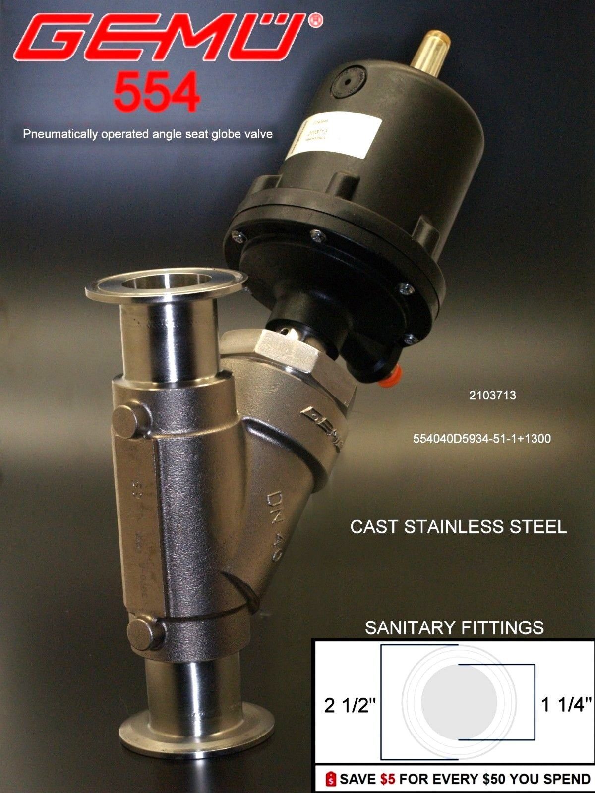 GEMU 554 Pneumatically operated angle seat globe valve 2 1/2 in