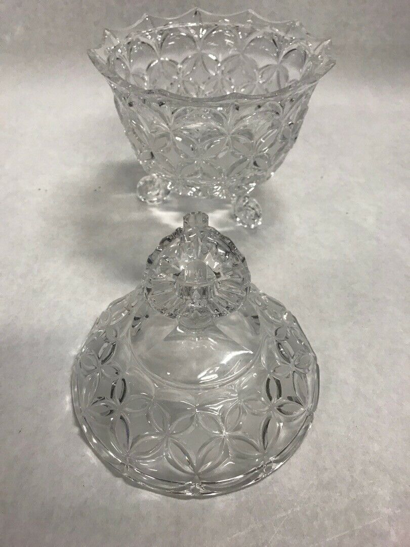 2 pc Vintage cut crystal candy dish lid pedestal 3 feet on bottom centerpiece Bowls