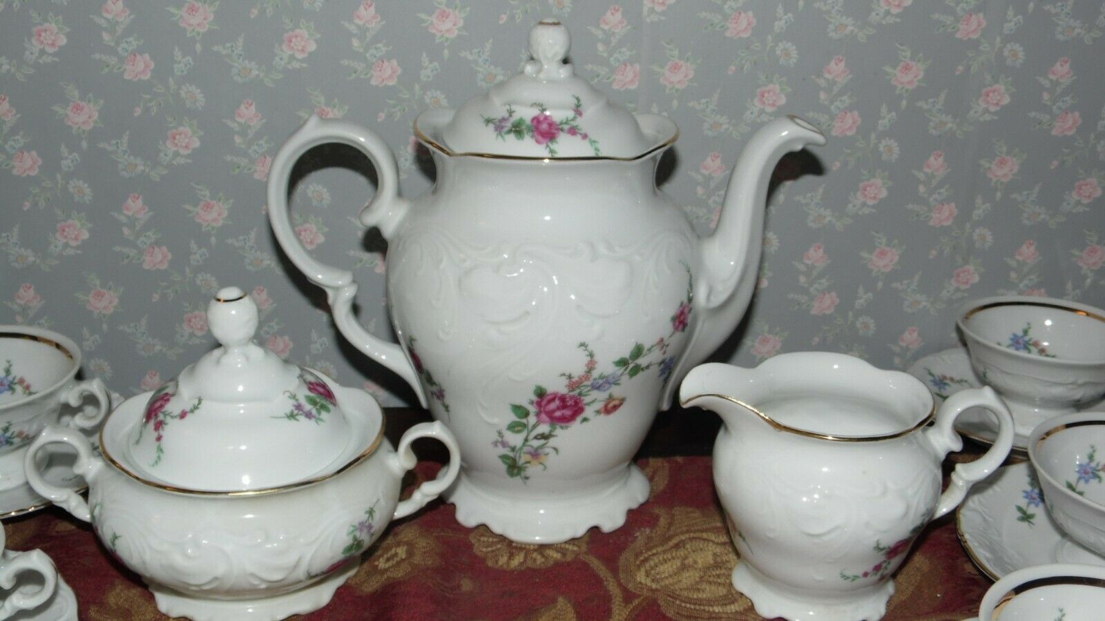 VINTAGE WAWEL CHINA MADE IN POLAND PINK FLORAL ROSES TEA SET 21 PCS. 8