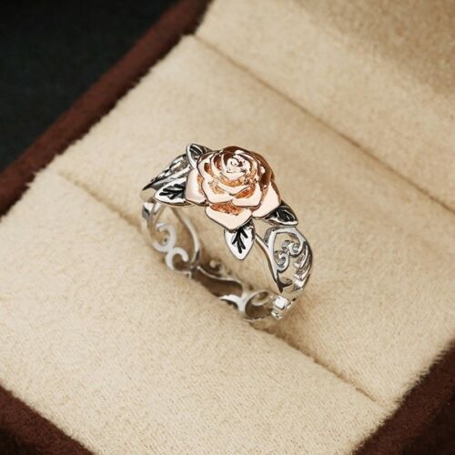 Exquisite Two Tone Silver Plated Floral Ring14k Rose Flower Wedding Jewelry Gift