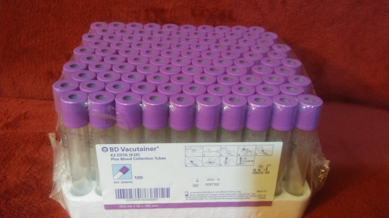 100 pack of 10 ml vacutainer blood collection tubes, K2 EDTA (K2E),16 x