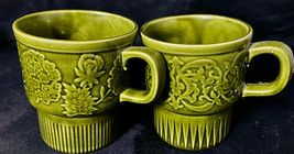 VINTAGE Japan Made Dark Green Stackable Coffee Cups (2) 3-1/2&quot; x3&quot; - $16.00