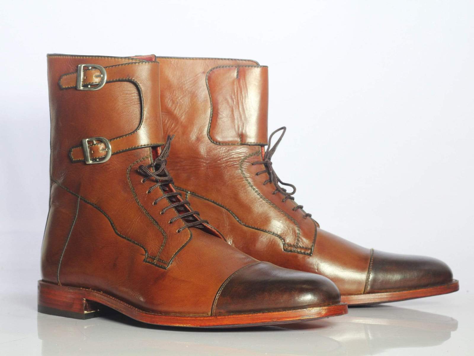 Bespoke Two Tone Leather Buckle Lace Up Boots For Men's - Boots