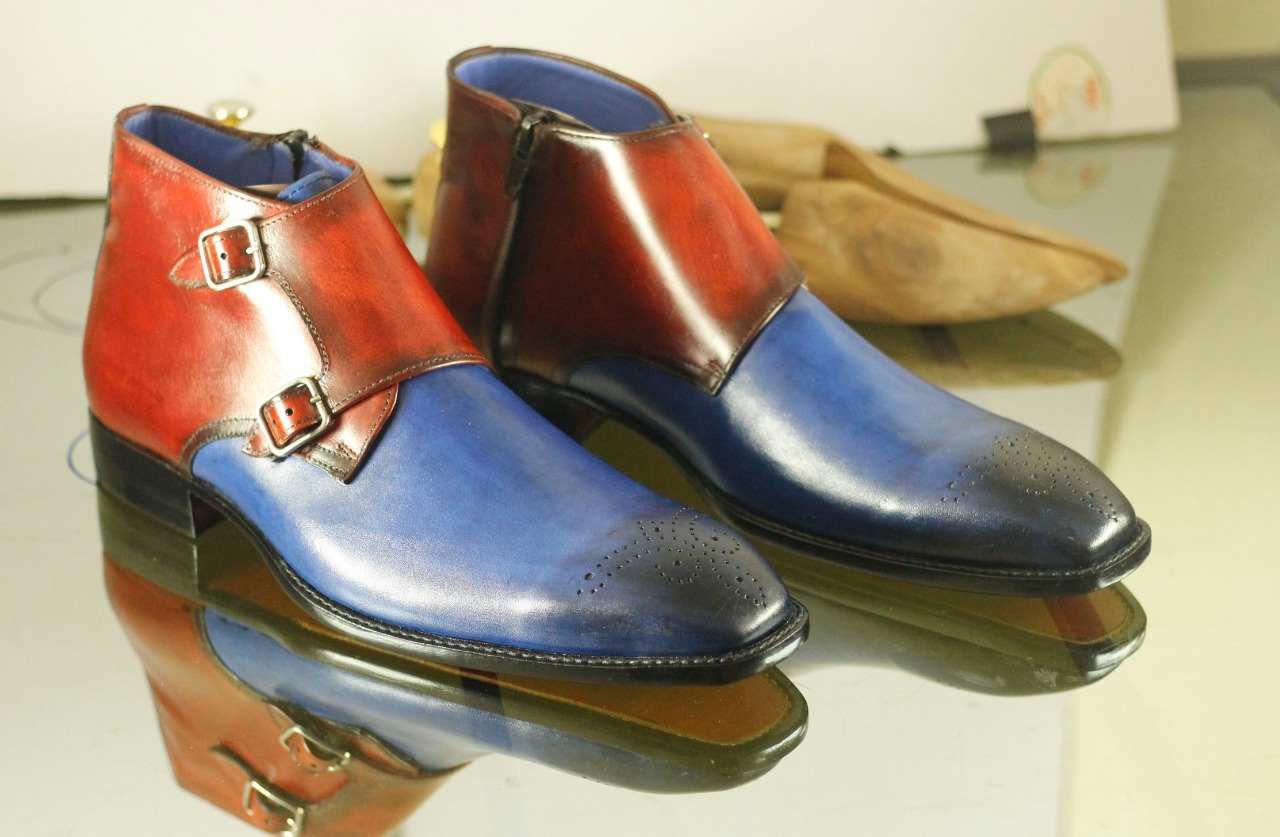 Handmade Men's Burgundy Blue Brogue Toe Double Monk Strap Boots, Men Ankle Boots