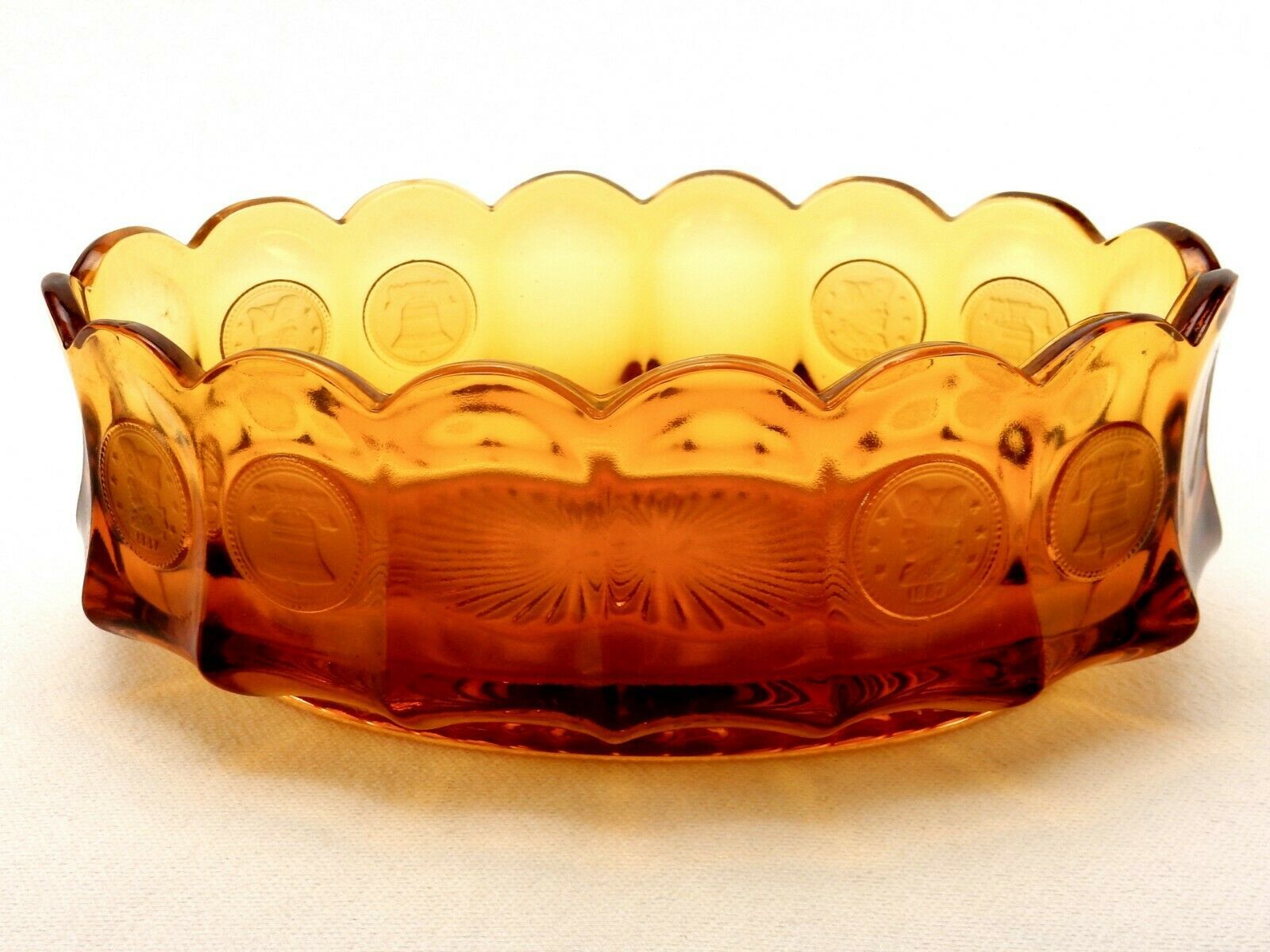 Primary image for Fostoria Honey Amber Coin Glass Oval Serving Bowl, 9" x 5", 16 Panels, Scalloped