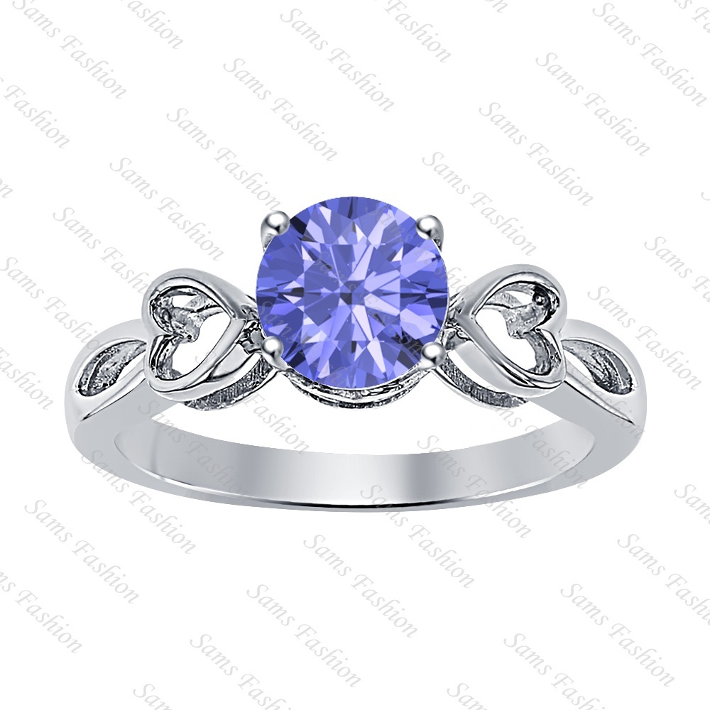 Round Tanzanite 14k white Gold Over 925 Silver Double Heart Ring Women's