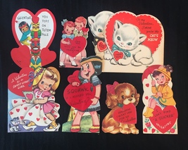 Set of 7 Vintage 50s illustrated Valentine Card Art (Set A) image 1