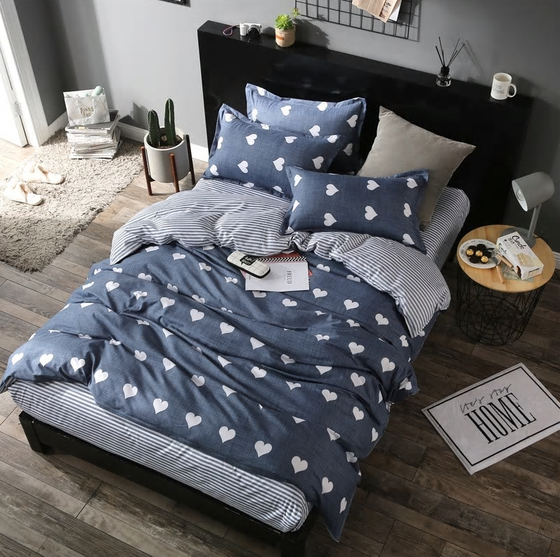 Queen Size Denim Style Reversible Heart Stripe Love Duvet Cover Bedding Set Duvet Covers & Sets