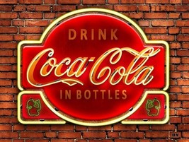Metal Sign Image of Drink Coca-Cola in Bottles Neon on Brick Wall - $29.95