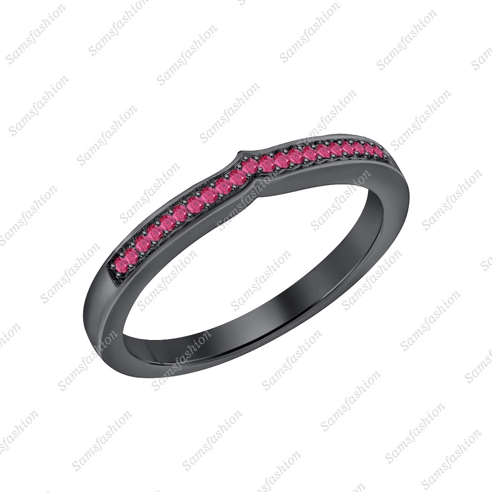 Round Cut Ruby 14k Black Gold Over Curved Half Eternity Engagement Band Ring