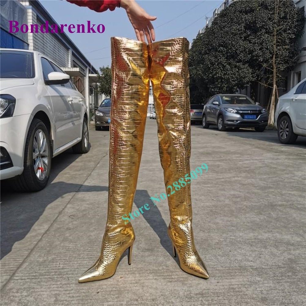 Stone Pattern Gold Thigh High Boots Pointed Toe Thin High Heel Solid