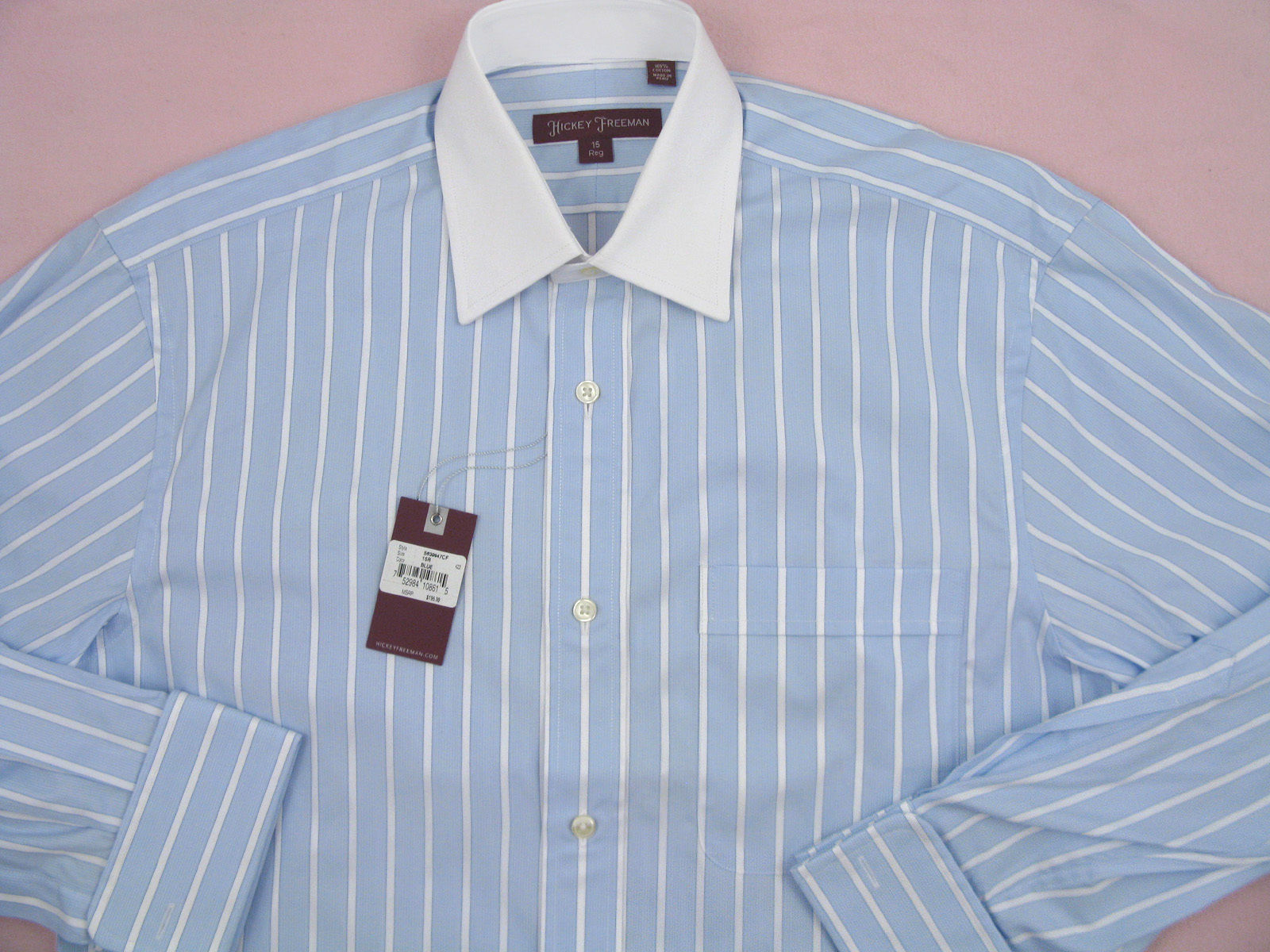 NEW $195 Hickey Freeman Dress Shirt 16.5 L 36.5 Blue with White Stripes & Collar - $79.99