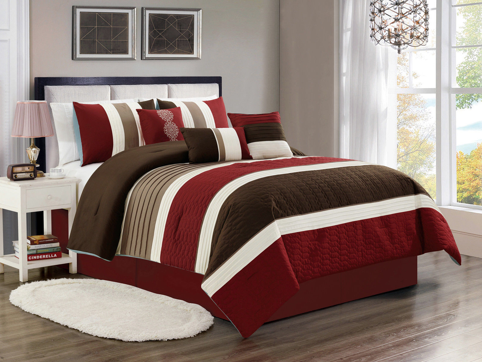 11Pc Archer Diamond Hexagon Comforter Curtain Set Burgundy Brown Ivory