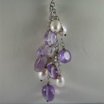 .925 SILVER RHODIUM NECKLACE, AMETHYST,ROUND PEARLS, 19,69 In, FALLING PENDANTS. image 2