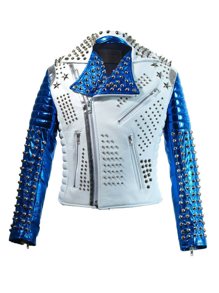 Men's Victor Luna Two Tone White Blue Cont Star Studded Genuine Leather Jacket