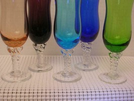 Lot of 5 Multicolored SHOT LIQUEUR CORDIAL GLASSES with SWIRL STEM - $14.54