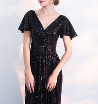 Women BLACK Sleeved High Waist Maxi Sequin Dress Plus Size Long Sequin Dresses image 7