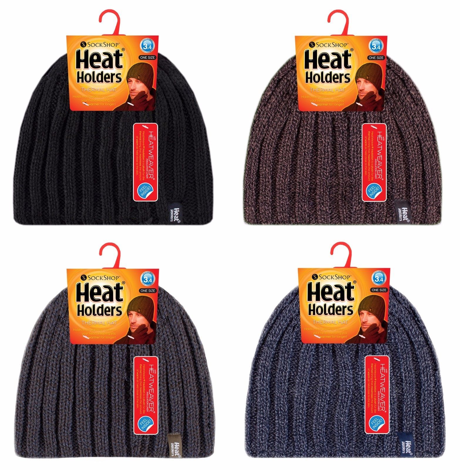 Heat Holders - Mens 3.4 Tog Ribbed Knit Thermal Fleece Winter Heat Weaver Hat