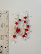 Strawberries & Cream Red and Pearl Tone Beaded Dangling Pierced Earrings - $19.99
