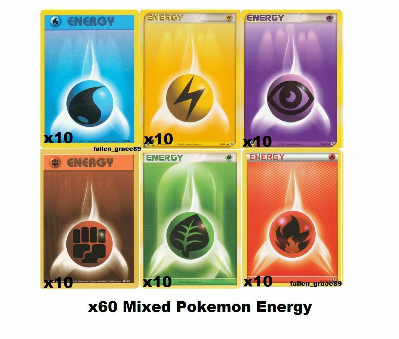 (60) Mix Pokemon Energy Cards Bundle Set! Fire, Water, Electric, Psychic Grass