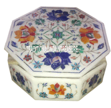 White Marble Jewelry Box Real Hakik Stone Inlay Mosaic Floral Decor Eid Gifts - $124.68