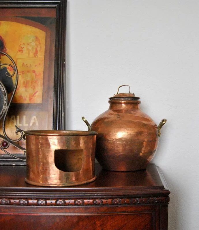 Antique Traditional Copper Egyptian Dish Cooking Bean Pot with Lid and