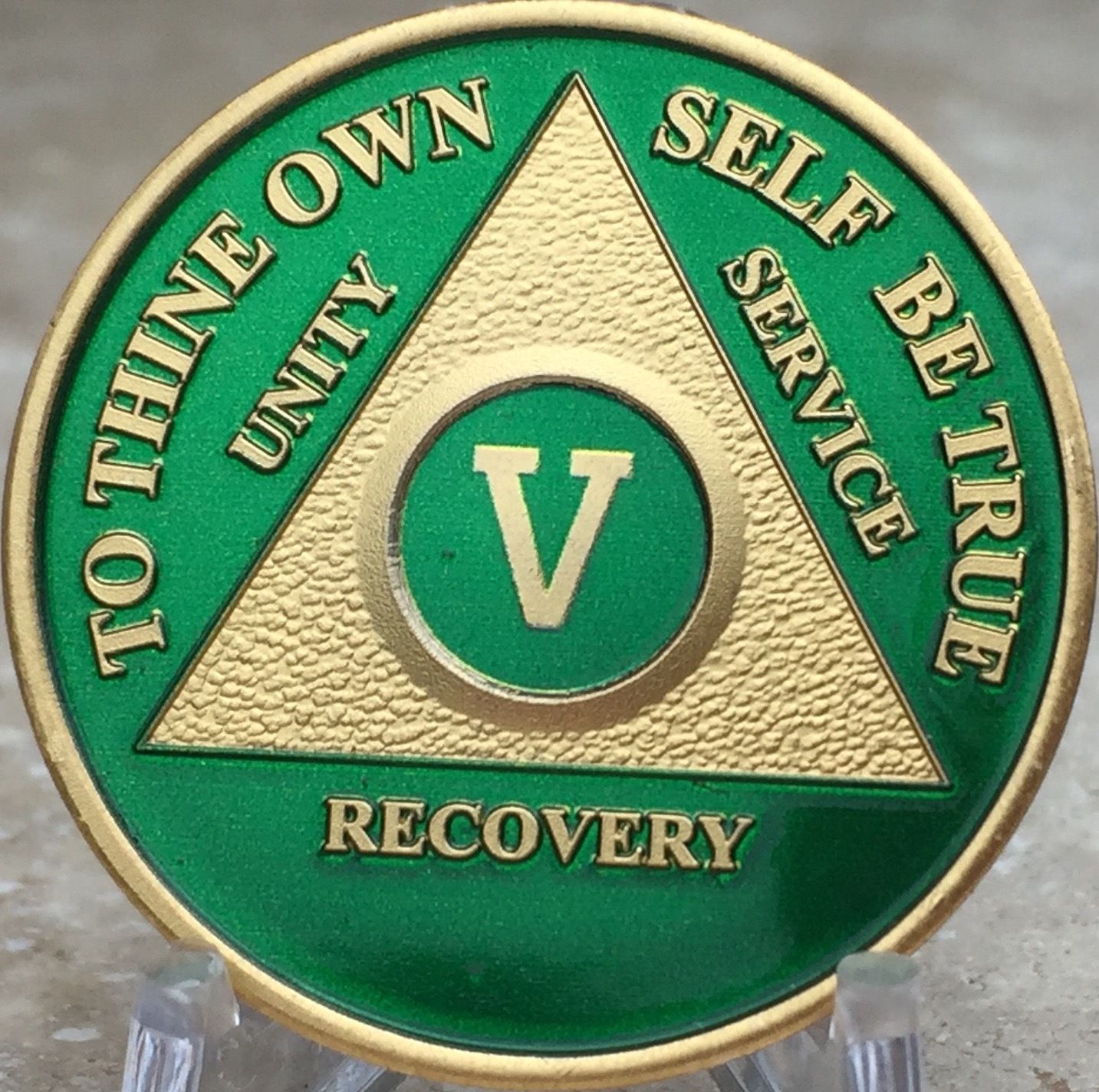 5 Year AA Medallion Green Gold Plated Alcoholics Anonymous Sobriety Chip Coin