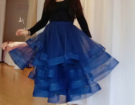 Women Ruffle Layered Tulle Skirt Navy Blue Plus Size High Waist Tier Midi Skirt image 1
