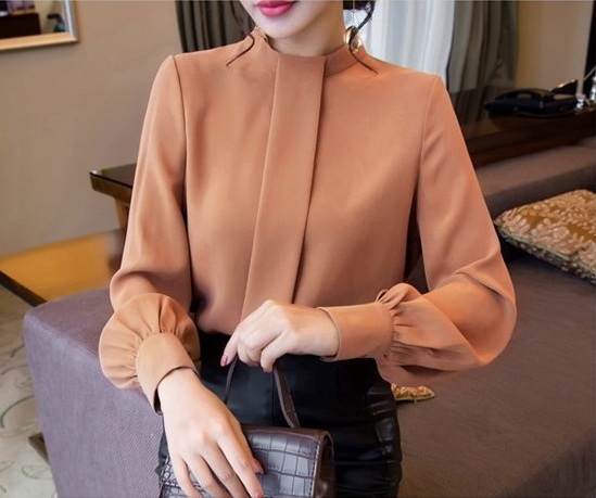 New camel chiffon blouse long buttoned sleeve top women shirt casual office work
