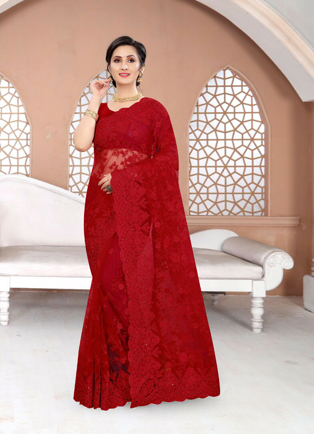 Designer Heavy Red Resham Embroidery Moti Stone Work Net Sari Wedding Wear Saree