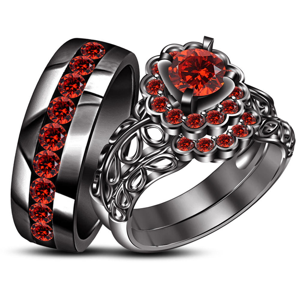 925 Silver 14k Black Gold Plated Round Red His/Her Trio Wedding