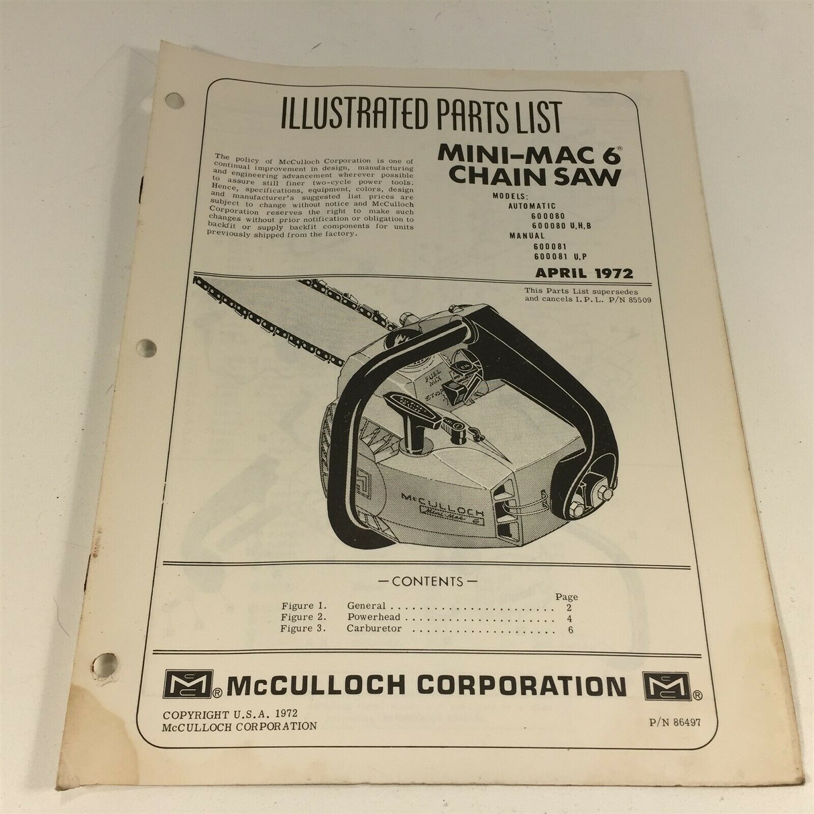 1972 McCulloch MiniMac 6 Chain Saw Illustrated Parts List 86497 600080