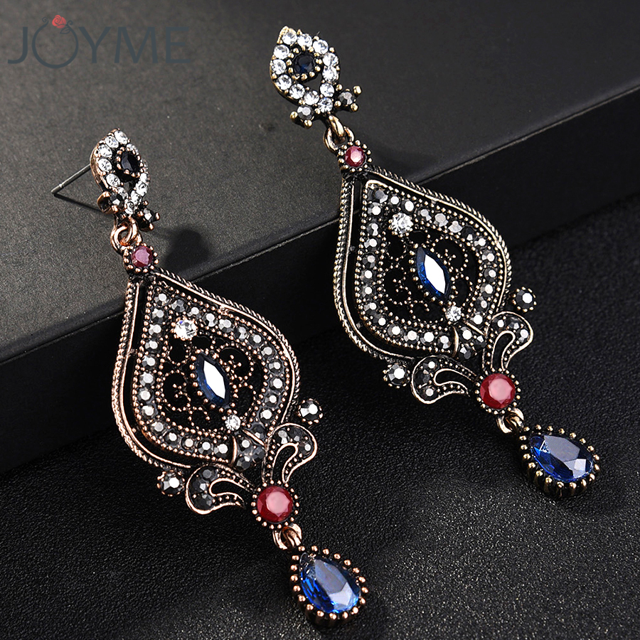 Joyme Ethnic Style Vintage Women Blue Crystal Long Turkish Earrings ...