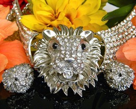 Lion Face Necklace Earrings Rhinestone Set Demi Parure Leo Figural - £128.69 GBP