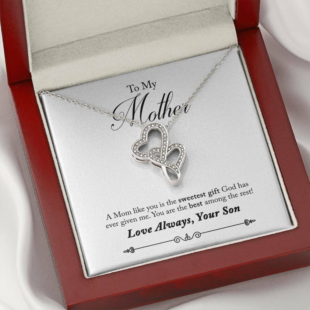 To MOTHER Sweetest Gift from Son Double Heart Necklace Message Card