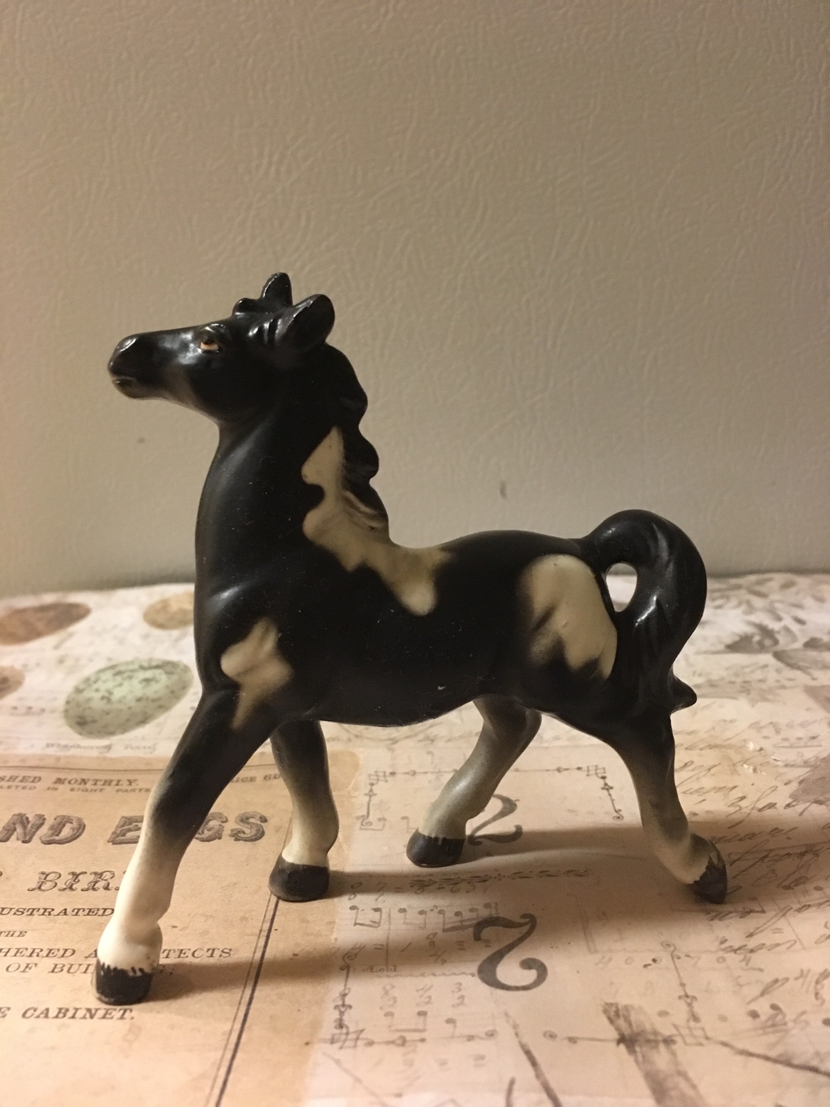 Vintage Porcelain Bone China Miniature Horse Figurine Pinto Horse Black ...