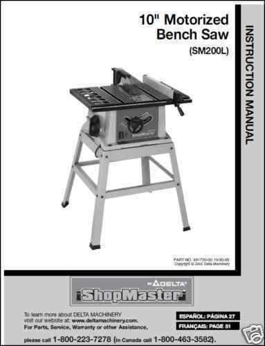 Delta ShopMaster Table Saw Model SM200L  Manual - $10.88