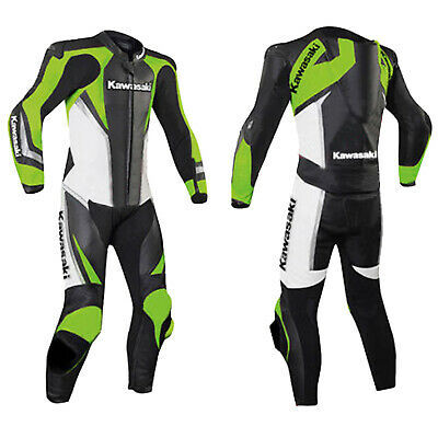 KAWASAKI  GREEN /WHITE/BLACK  COWHIDE 1PIECE RACING LEATHER SUIT WITH PROTCTIONS