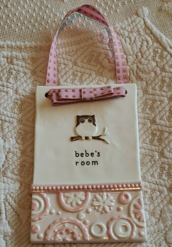 Grasslands Road Nursery Door Sign Baby Pink Bebe's Room Hang Ceramic Plaque Owl - $12.85