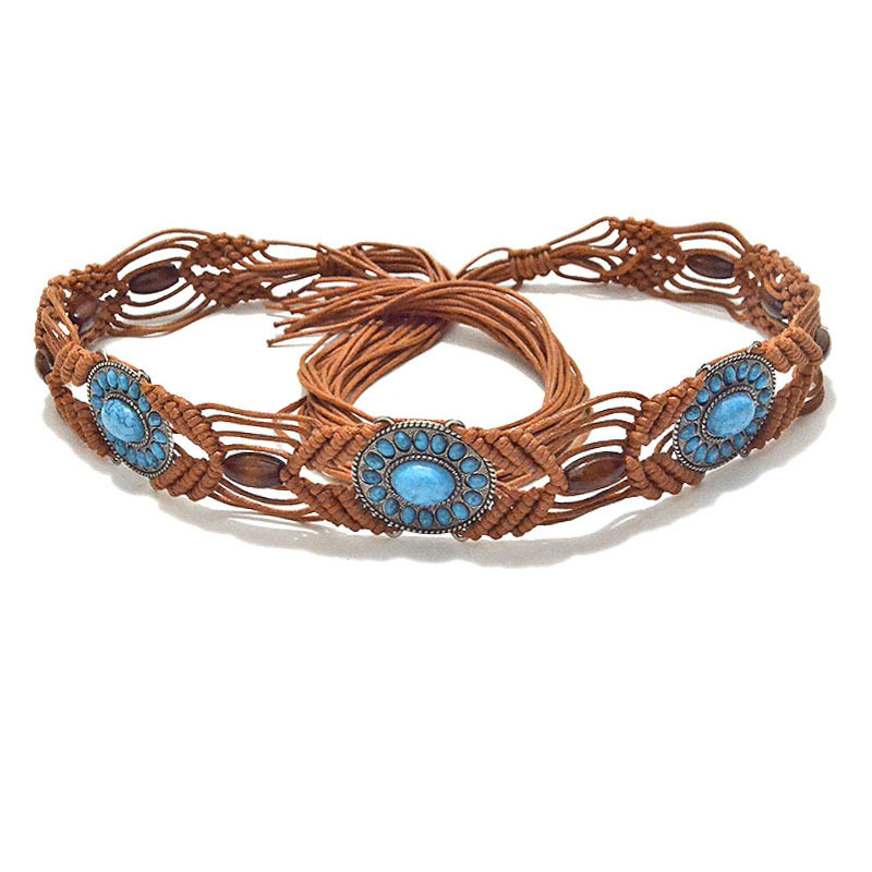 Vintage Handmade Wax Rope Wood Jewelry Stone Woven Waist Chain Decorative Belt