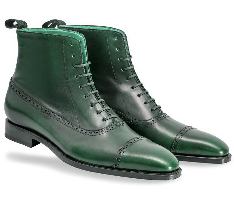 Men Green High Ankle Handmade Rounded Plain Cap Toe Genuine Leather