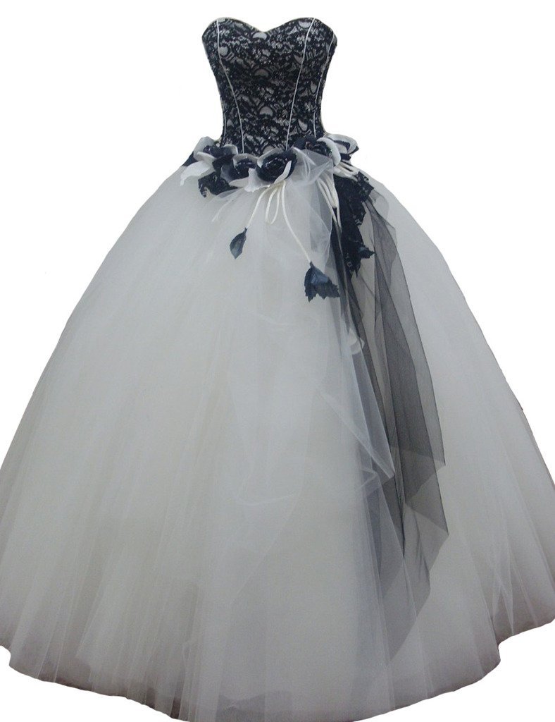Kivary Long Gothic White and Black Lace Beaded Prom Gowns Wedding Dresses Custom