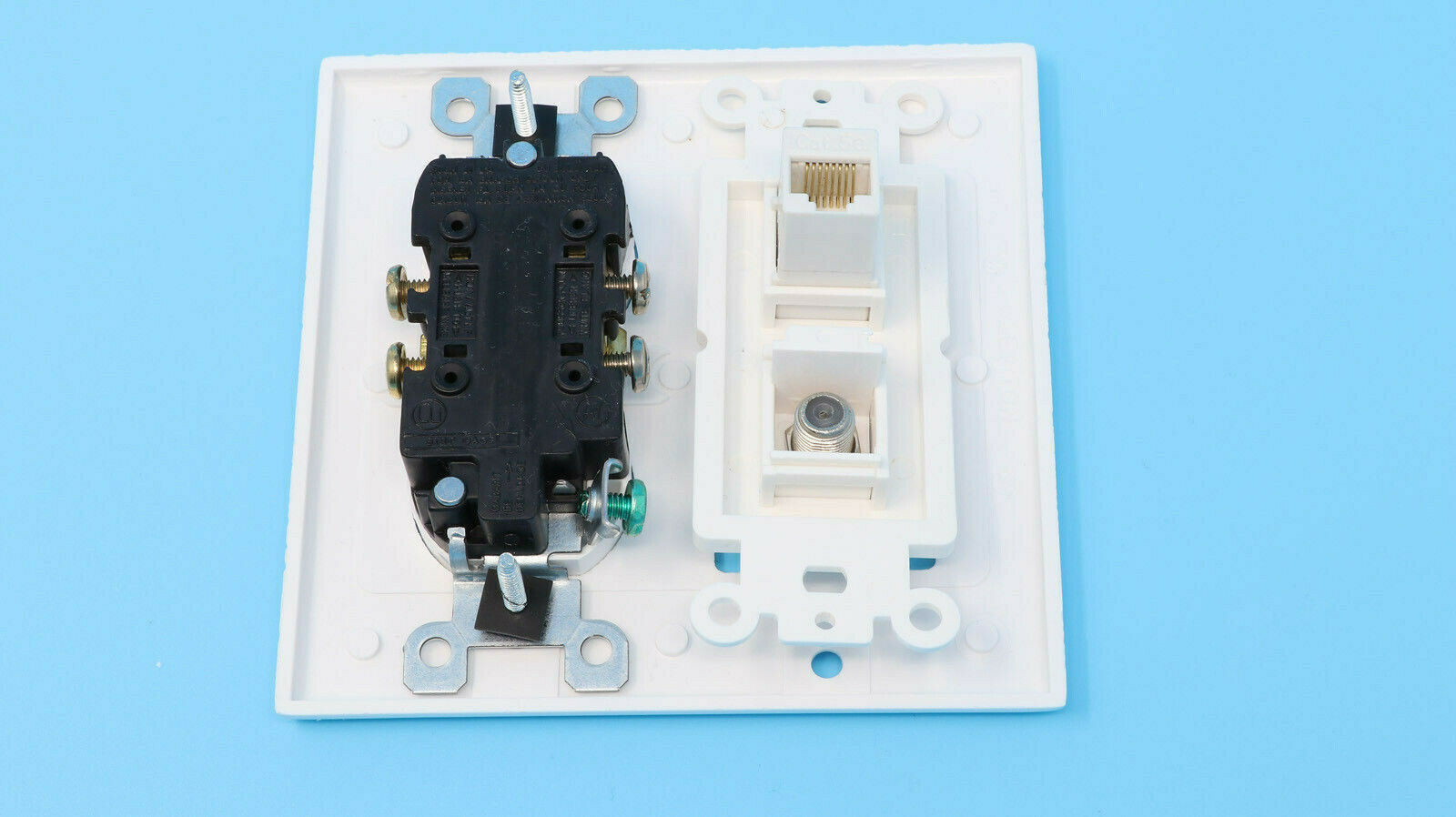 2 Gang Combination 15 Amp Round Power Outlet Coax Cat6 White Wall Plate