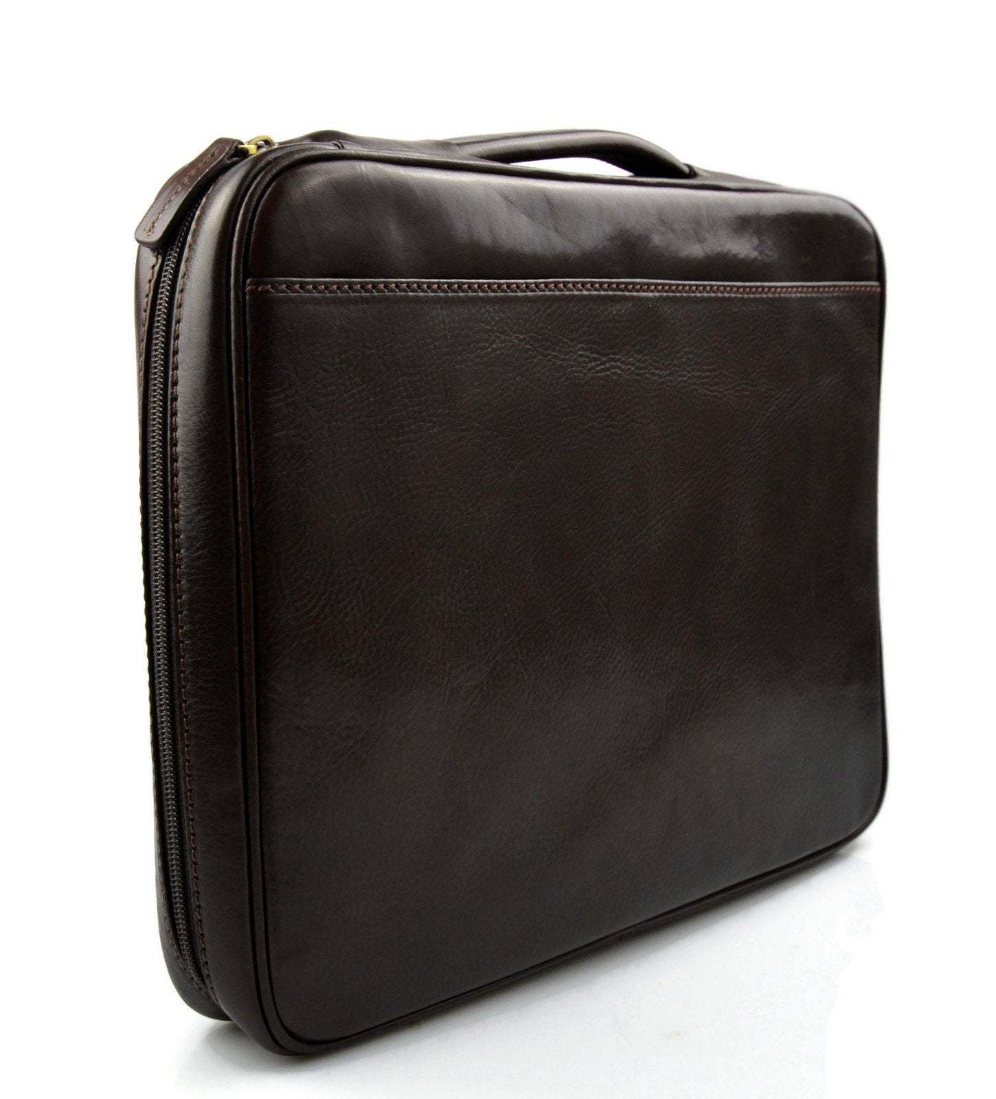 Leather folder document file folder A4 leather zipped folder bag dark