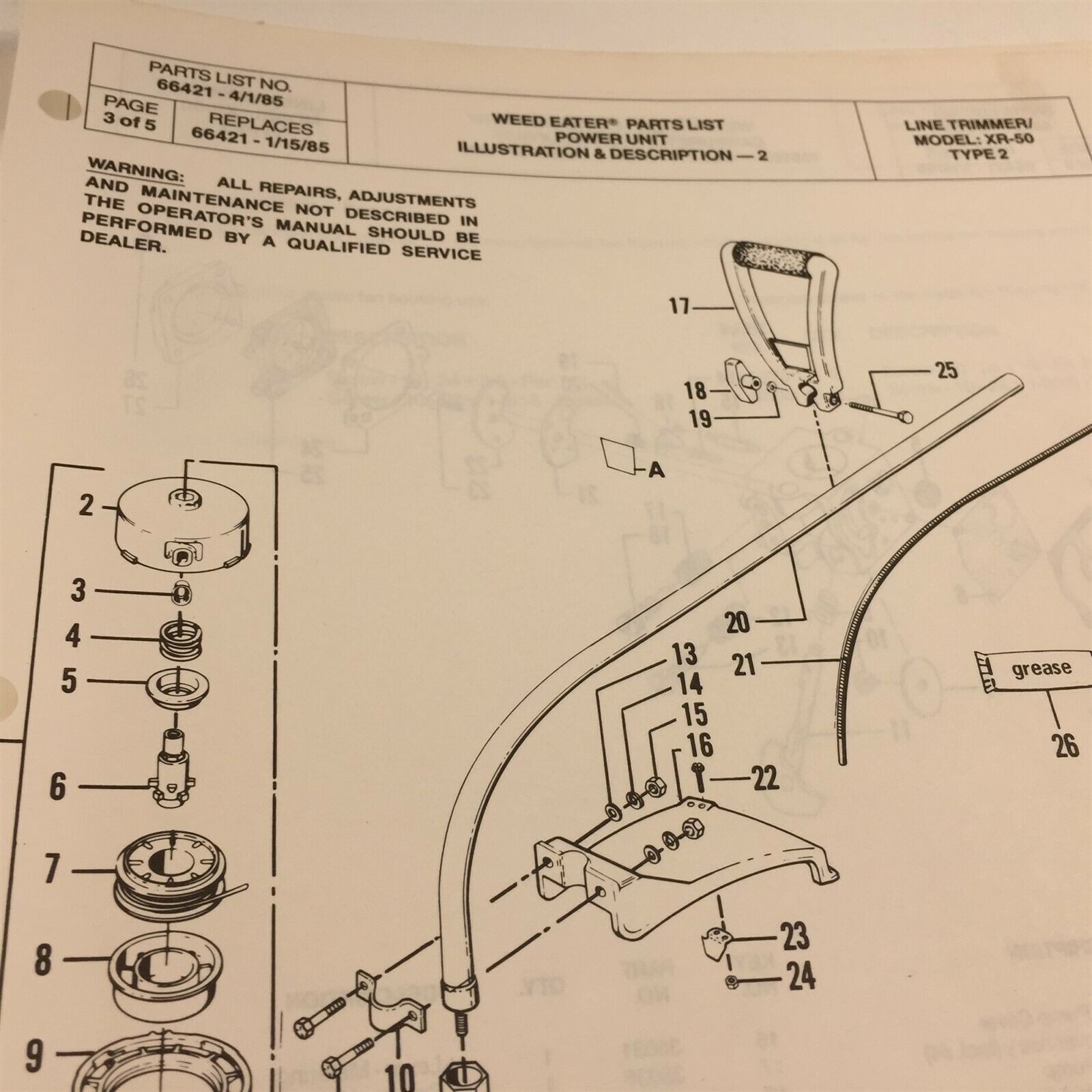 1985 Weed Eater Model XR50 Type 2 Line Trimmer Parts List 66421