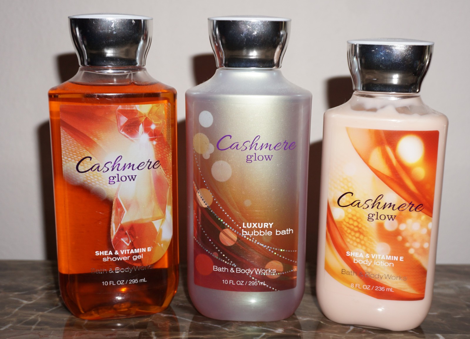Bath & Body Works Cashmere Glow Lotion 8 oz Bubble Bath 10 oz Shower