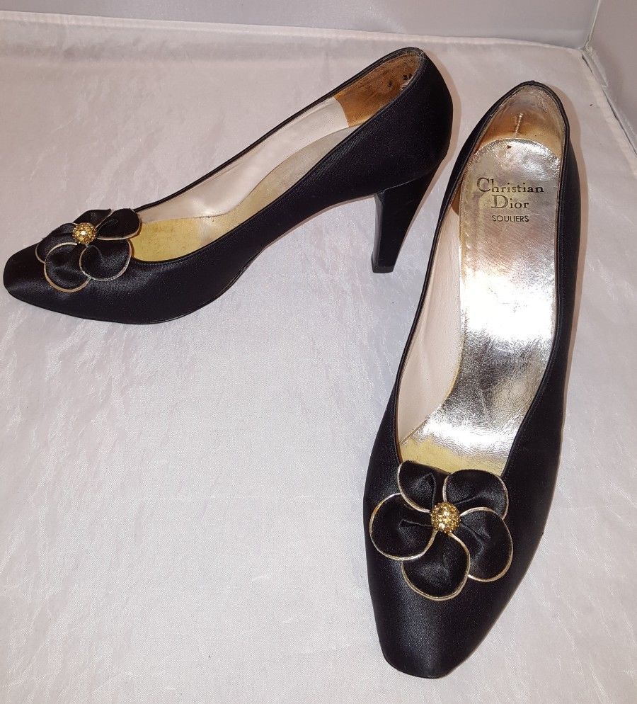Vintage Christian Dior Souliers Black Satin Gold Flower Decor Pumps